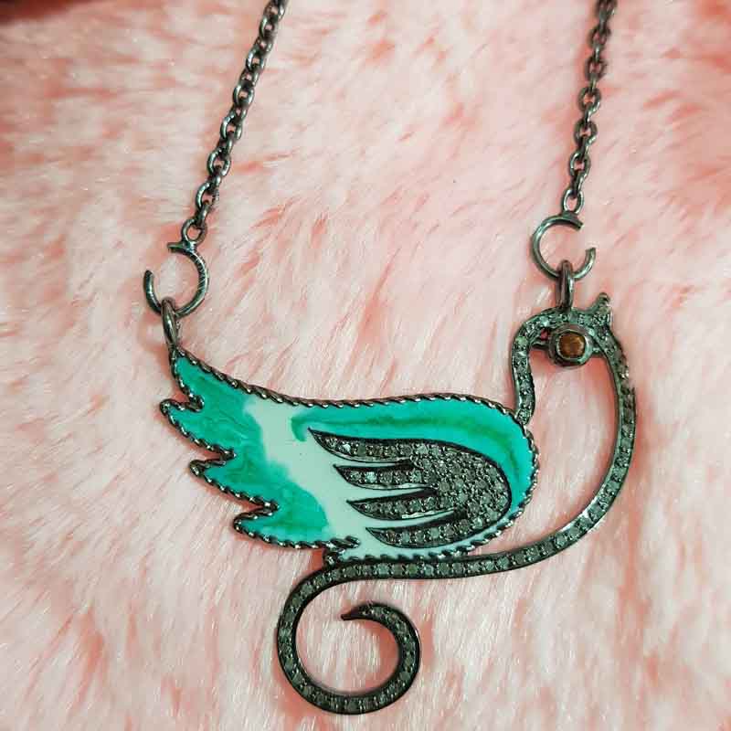 Stunning Pave Diamond Green Enamel Duck Pendent