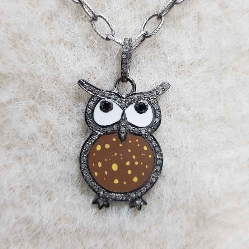 Brown Enamel Yellow Spotted Stylish Design Pave Diamond Handmade Owl Pendant