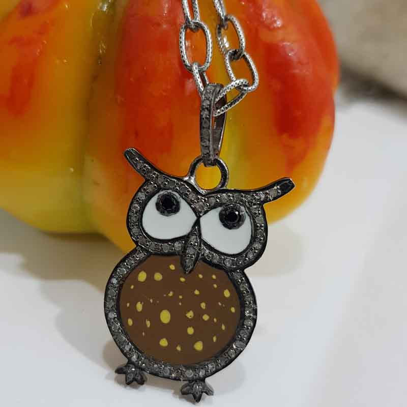 Brown Enamel Yellow Spotted Stylish Design Pave Diamond Handmade Owl Pendant