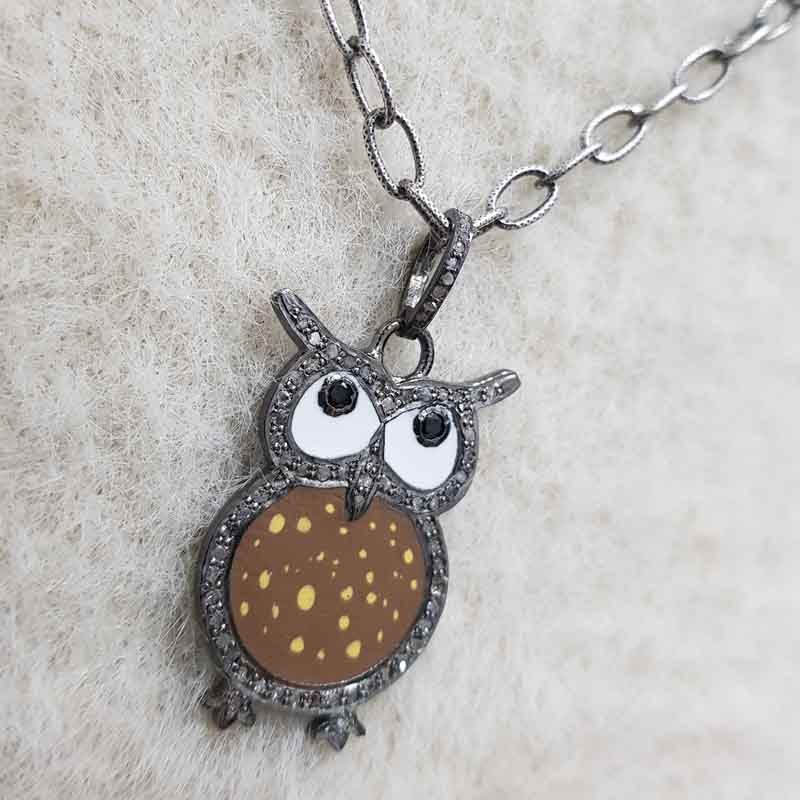 Brown Enamel Yellow Spotted Stylish Design Pave Diamond Handmade Owl Pendant