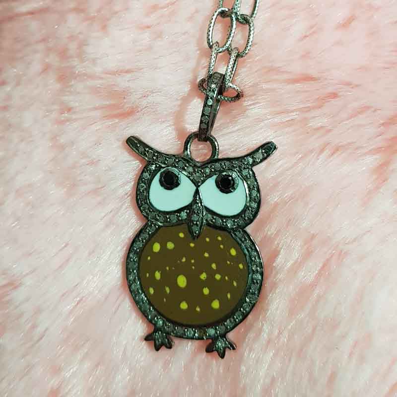 Brown Enamel Yellow Spotted Stylish Design Pave Diamond Handmade Owl Pendant