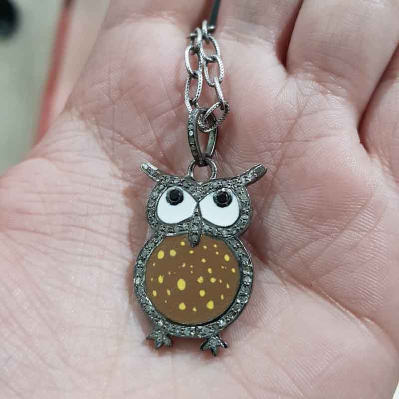 Brown Enamel Yellow Spotted Stylish Design Pave Diamond Handmade Owl Pendant