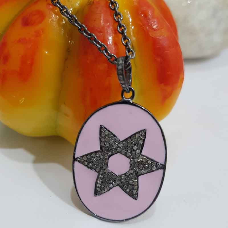 Pink Enamel Star Designer Oval Tag Pendent