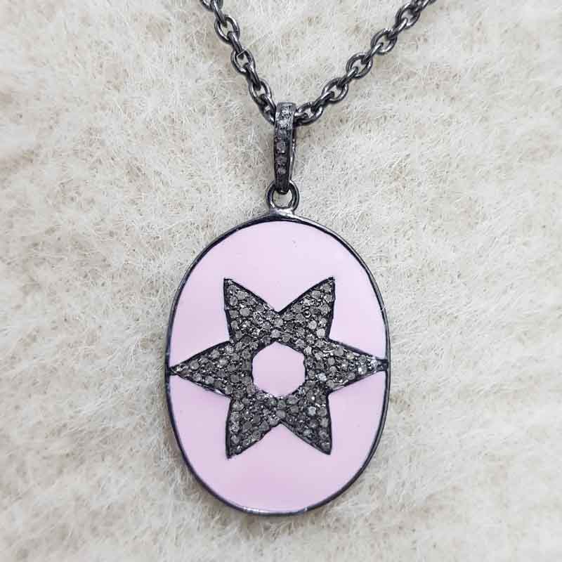 Pink Enamel Star Designer Oval Tag Pendent