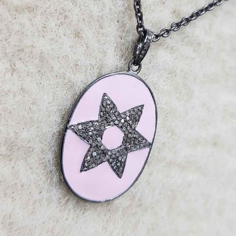 Pink Enamel Star Designer Oval Tag Pendent