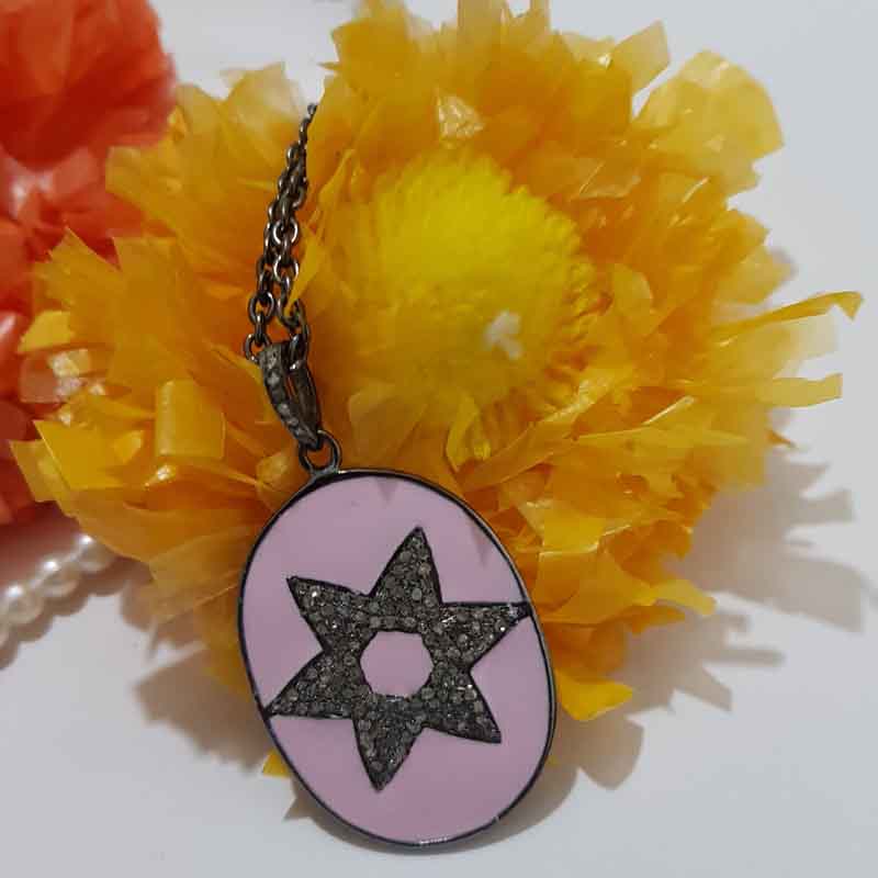 Pink Enamel Star Designer Oval Tag Pendent