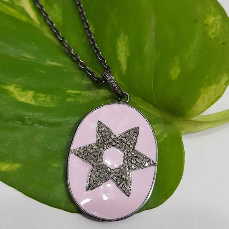 Pink Enamel Star Designer Oval Tag Pendent