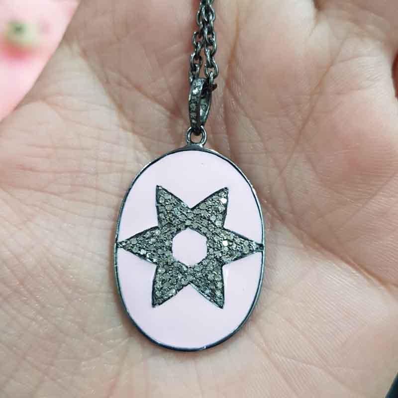 Pink Enamel Star Designer Oval Tag Pendent