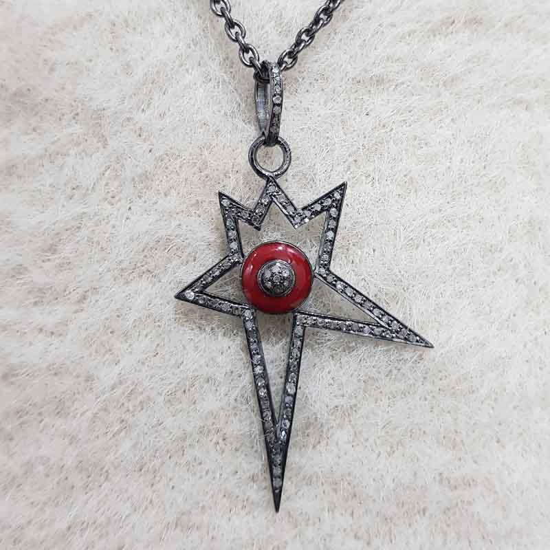 Red Enamel Starburst Pave Diamond 925 Sterling Silver Designer Pendant