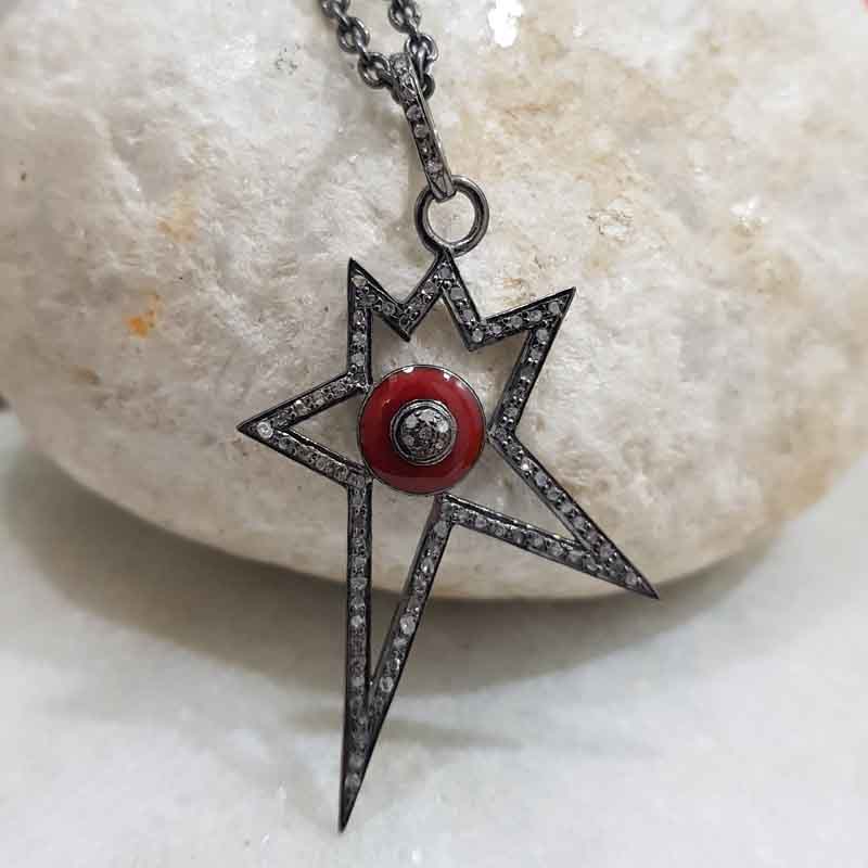 Red Enamel Starburst Pave Diamond 925 Sterling Silver Designer Pendant