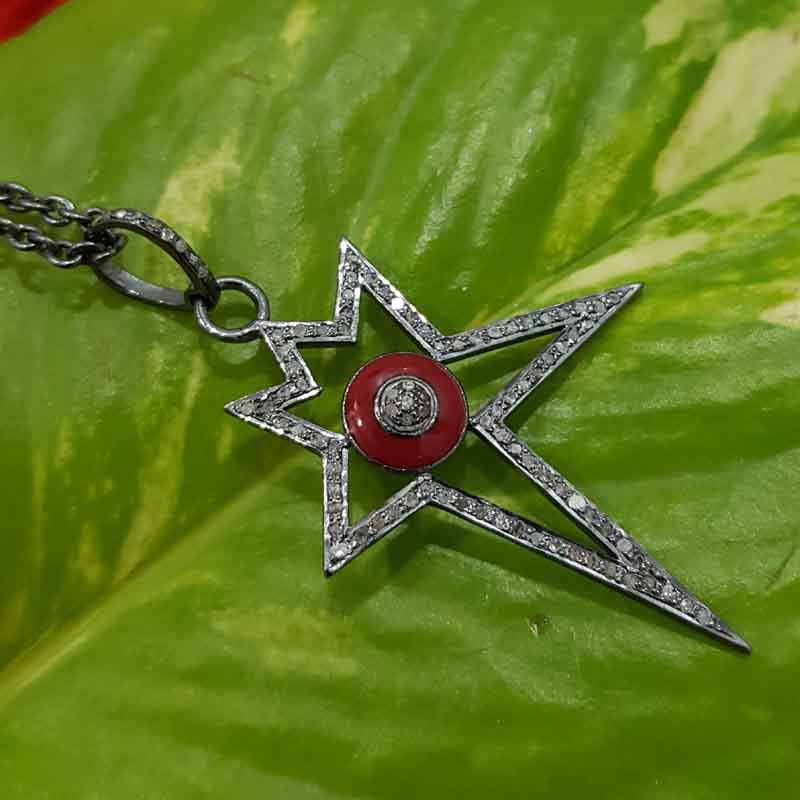 Red Enamel Starburst Pave Diamond 925 Sterling Silver Designer Pendant