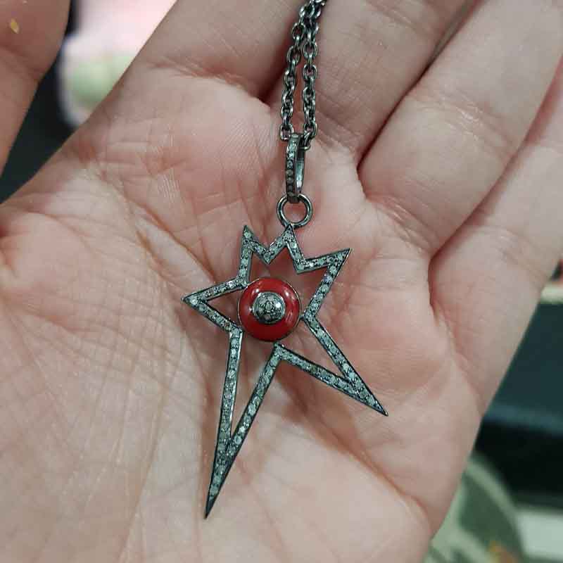 Red Enamel Starburst Pave Diamond 925 Sterling Silver Designer Pendant