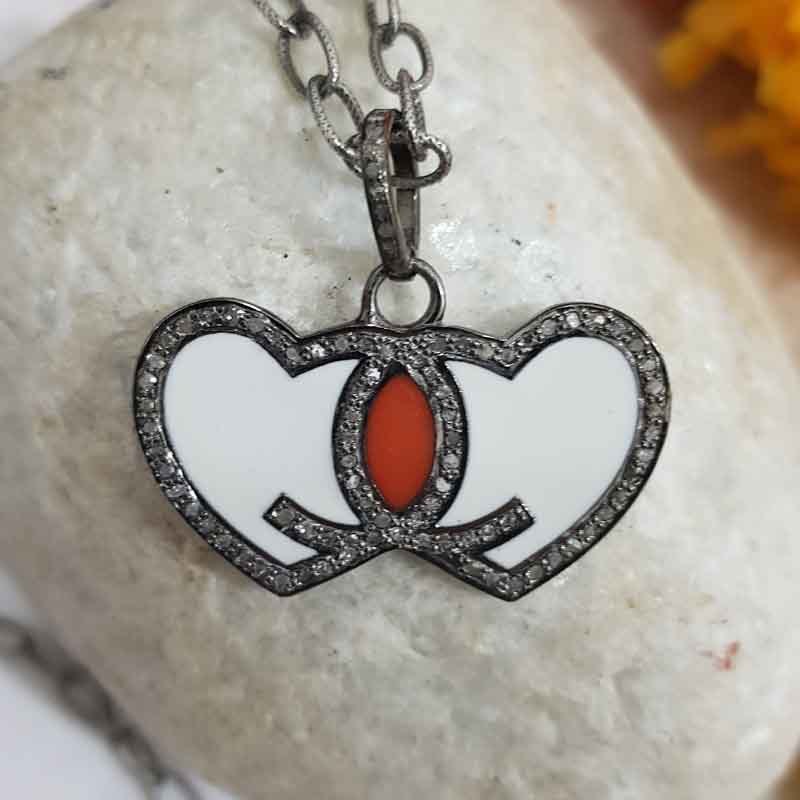 Good Looking Joined Heart Pendent With Enamel And Pave Layers