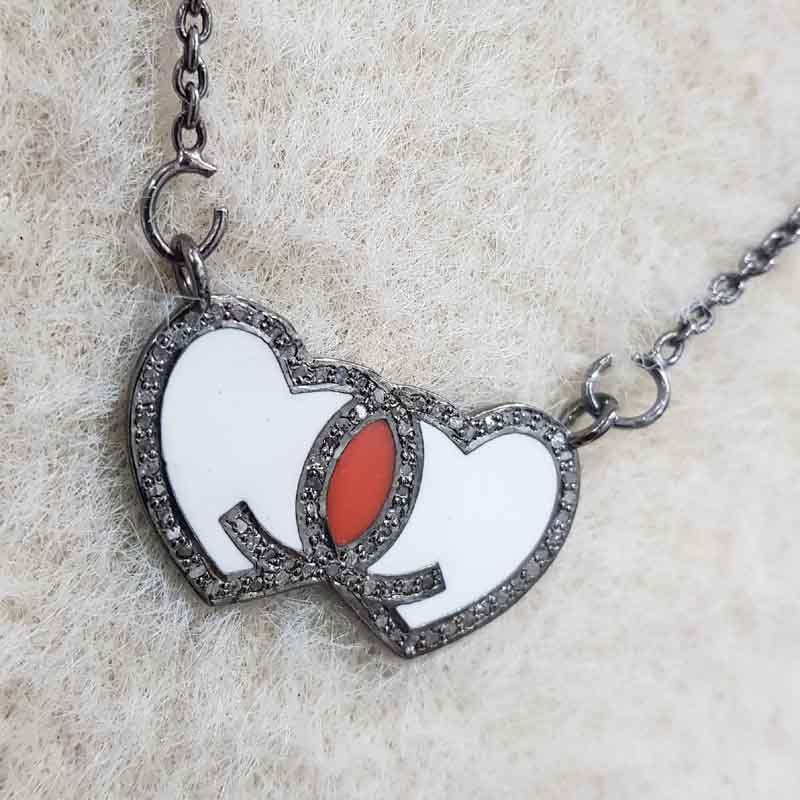 Beautifully Designed Joined Heart Pave Diamond Enamel Pendent