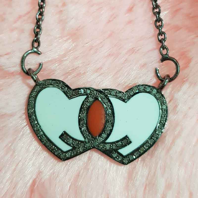 Beautifully Designed Joined Heart Pave Diamond Enamel Pendent