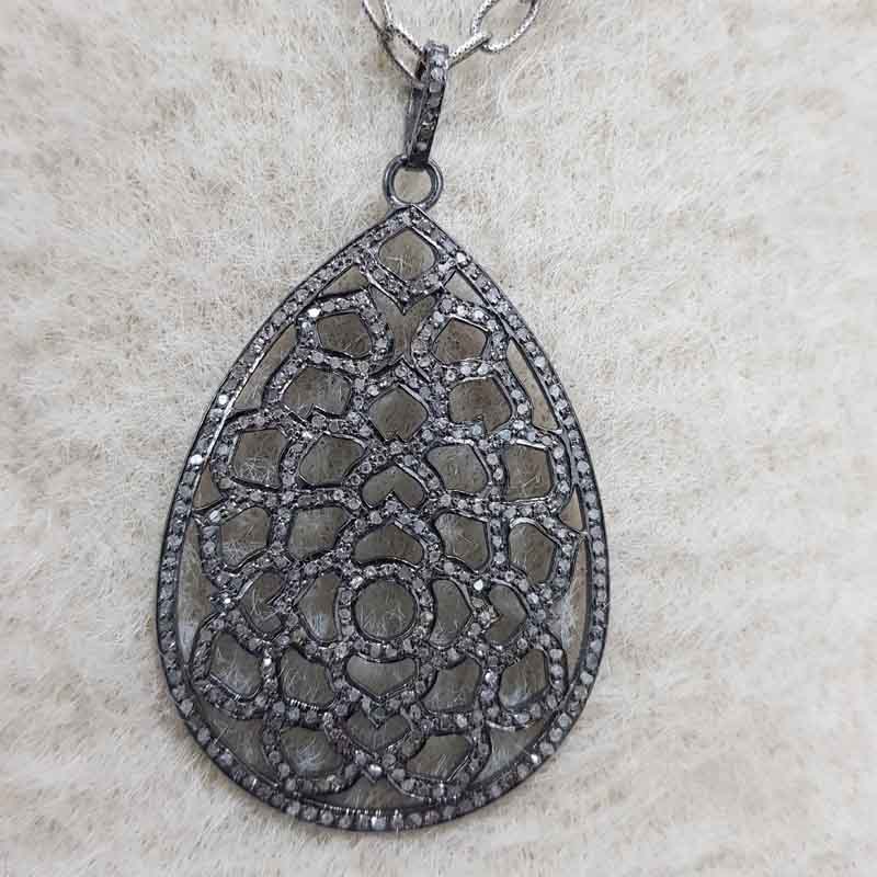 925 Sterling Silver Fancy Designer Pave Diamond Tear Drop Pendent