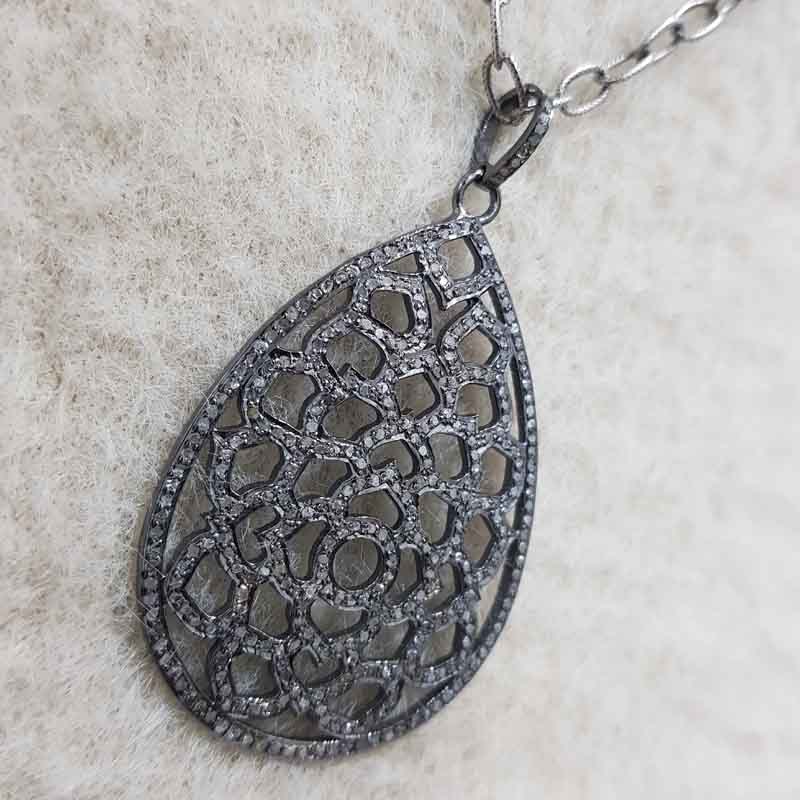 925 Sterling Silver Fancy Designer Pave Diamond Tear Drop Pendent