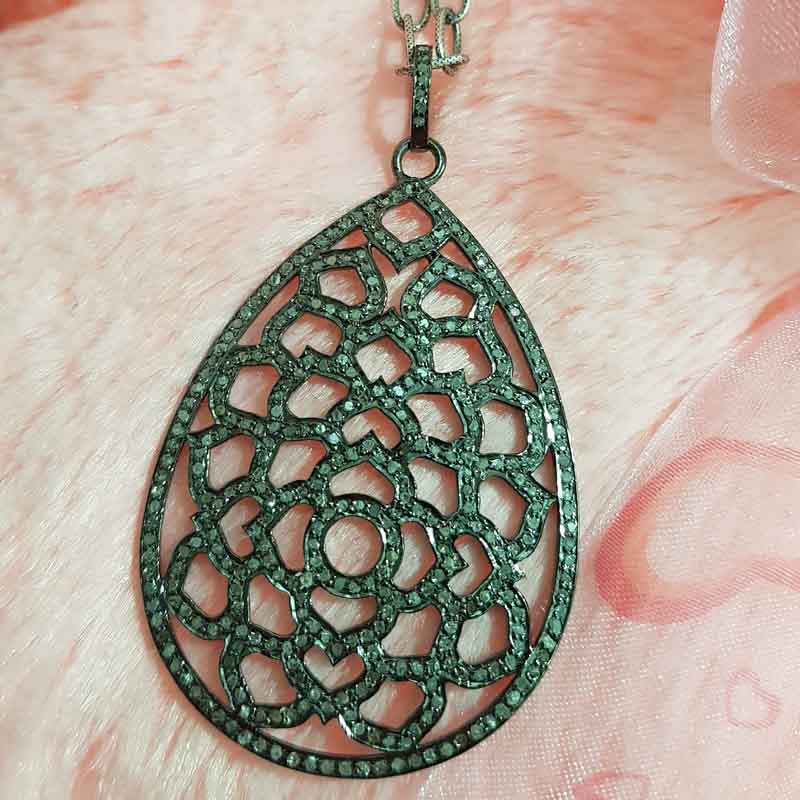 925 Sterling Silver Fancy Designer Pave Diamond Tear Drop Pendent