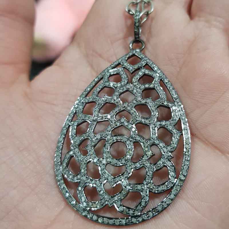 925 Sterling Silver Fancy Designer Pave Diamond Tear Drop Pendent