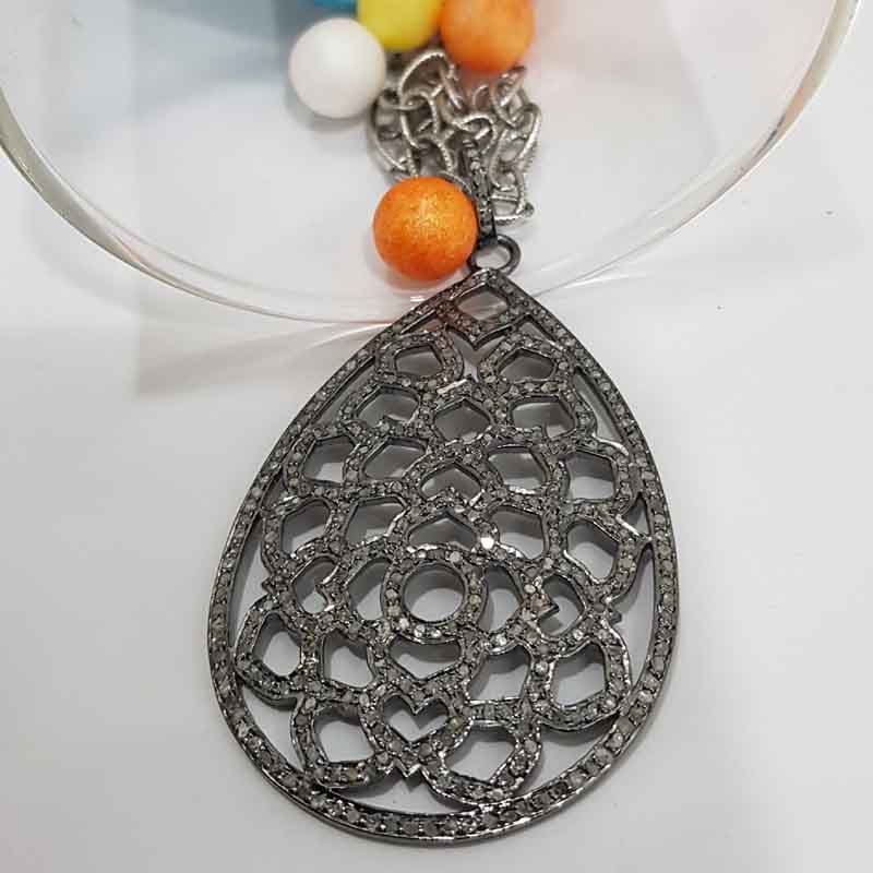 925 Sterling Silver Fancy Designer Pave Diamond Tear Drop Pendent