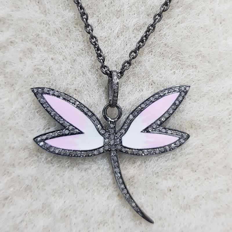 Pink And White Shade Butterfly Handmade Designer Pave Diamond 925 Silver Pendant