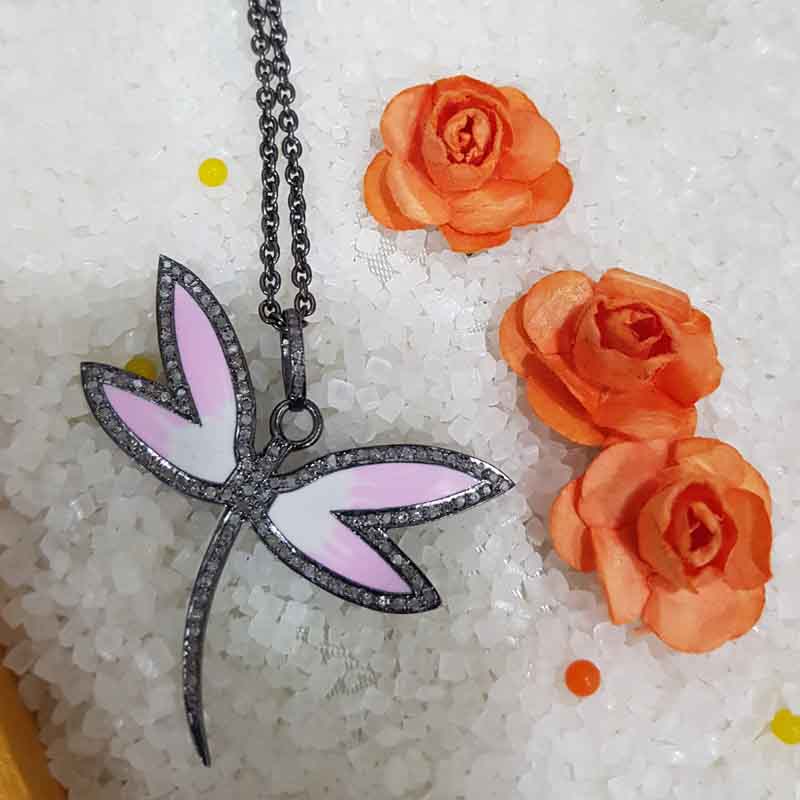 Pink And White Shade Butterfly Handmade Designer Pave Diamond 925 Silver Pendant