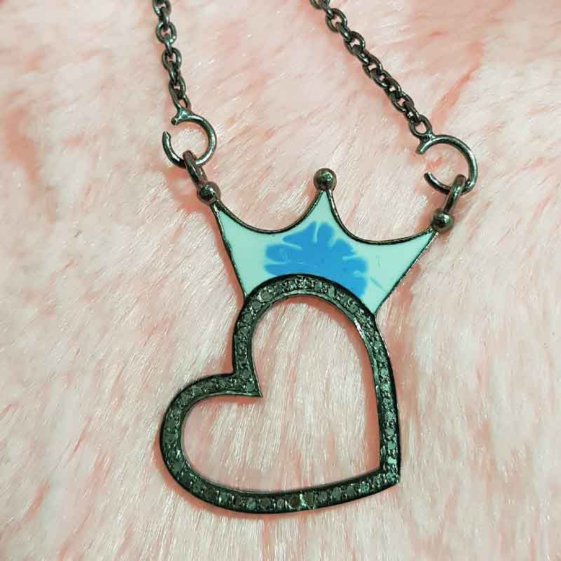 Crowned Heart Turquoise Enamel Pave Diamond Pendent