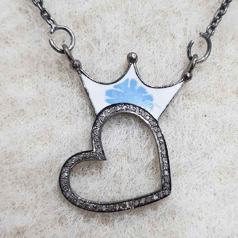 Crowned Heart Turquoise Enamel Pave Diamond Pendent