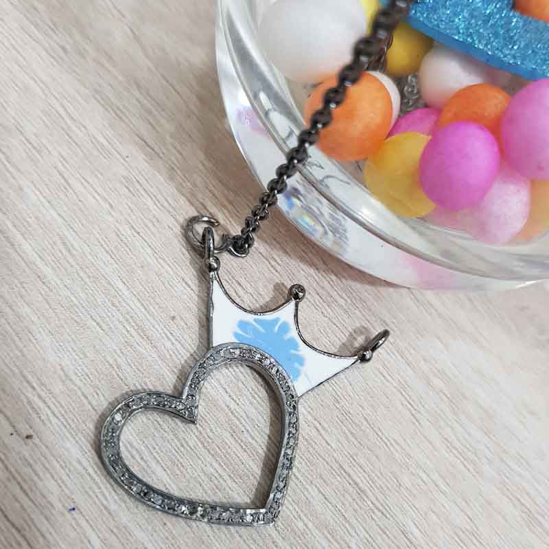 Crowned Heart Turquoise Enamel Pave Diamond Pendent