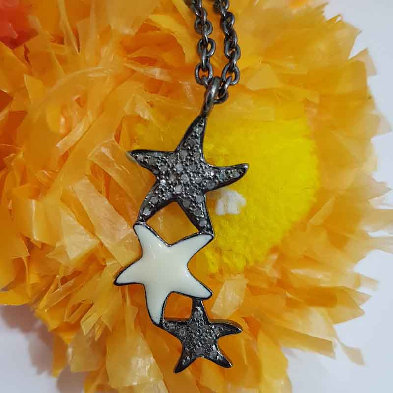 3 Layers Star With Cream Enamel Pave Diamond Pendent