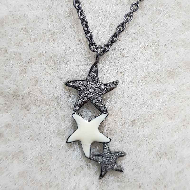 3 Layers Star With Cream Enamel Pave Diamond Pendent