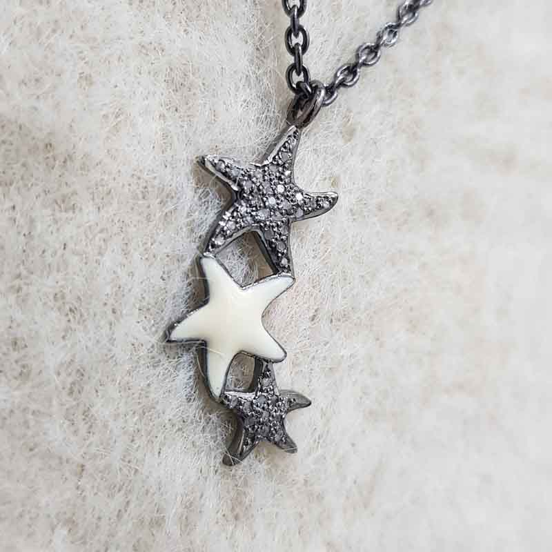 3 Layers Star With Cream Enamel Pave Diamond Pendent