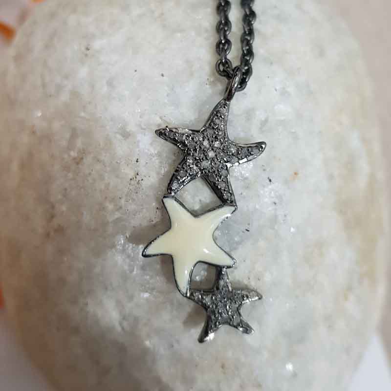 3 Layers Star With Cream Enamel Pave Diamond Pendent