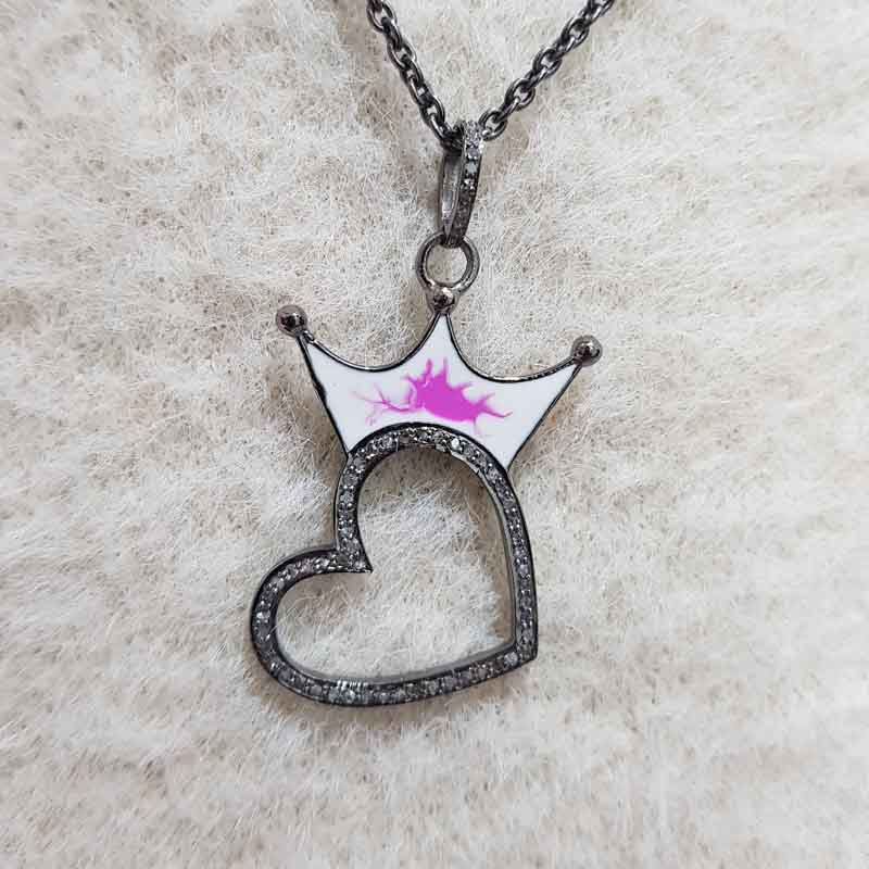 Crowned Heart Pink Enamel Pave Diamond Handmade Designer Pendant