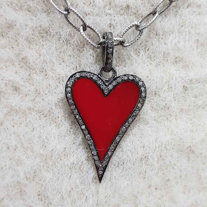 Stunning Small Heart Enamel Pendent With Pave Diamonds