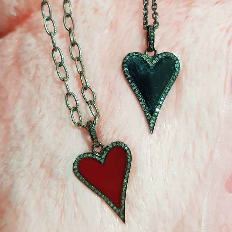 Stunning Small Heart Enamel Pendent With Pave Diamonds