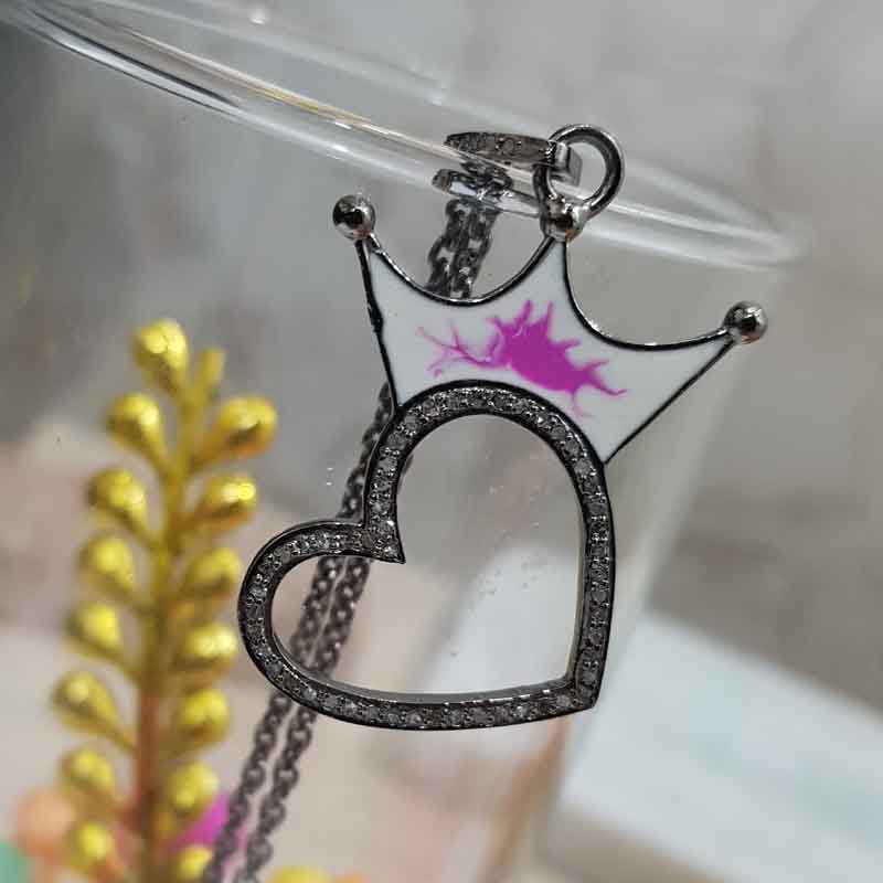 Crowned Heart Pink Enamel Pave Diamond Handmade Designer Pendant