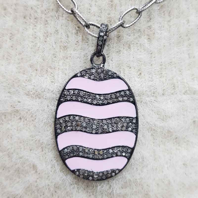 Pink Enamel Oval Shaped Pave Diamond Pendent