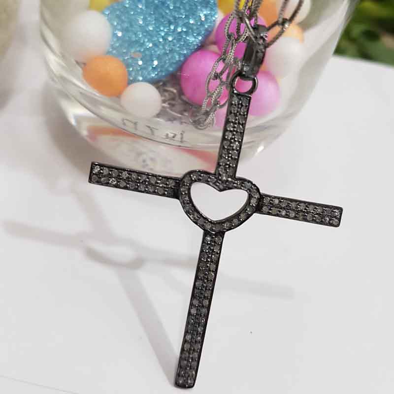 Little Open Heart Cross Designer Pave Diamond Pendent