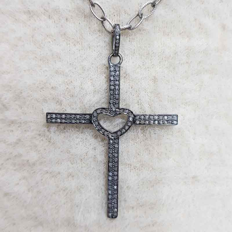 Little Open Heart Cross Designer Pave Diamond Pendent