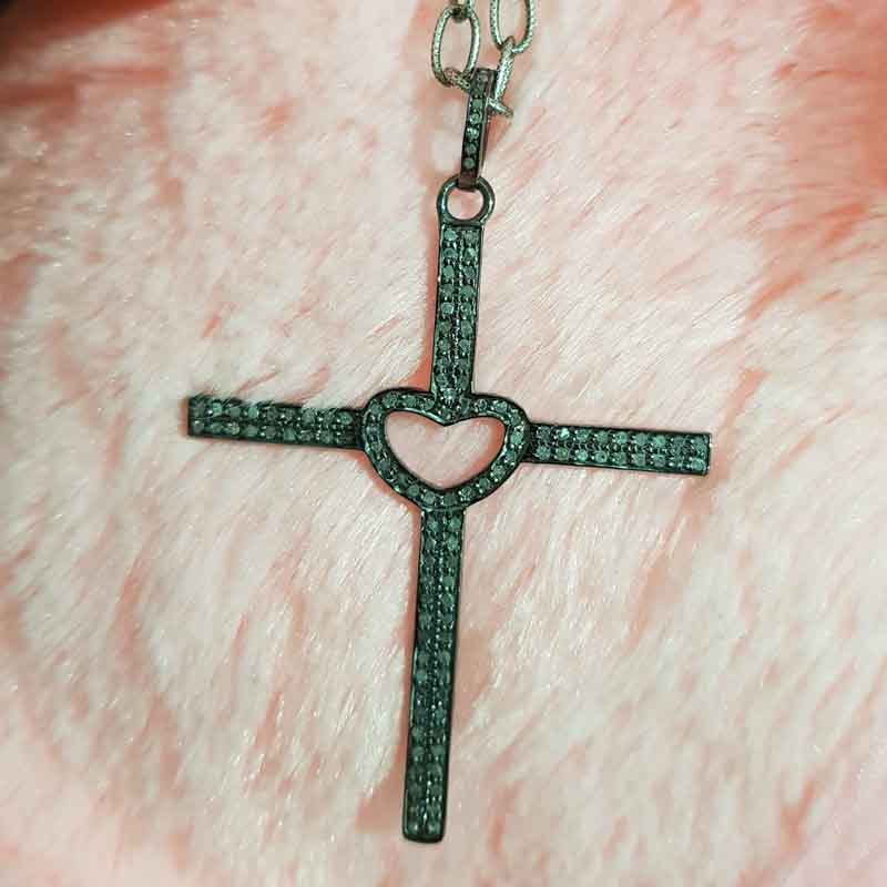 Little Open Heart Cross Designer Pave Diamond Pendent