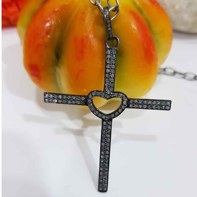 Little Open Heart Cross Designer Pave Diamond Pendent