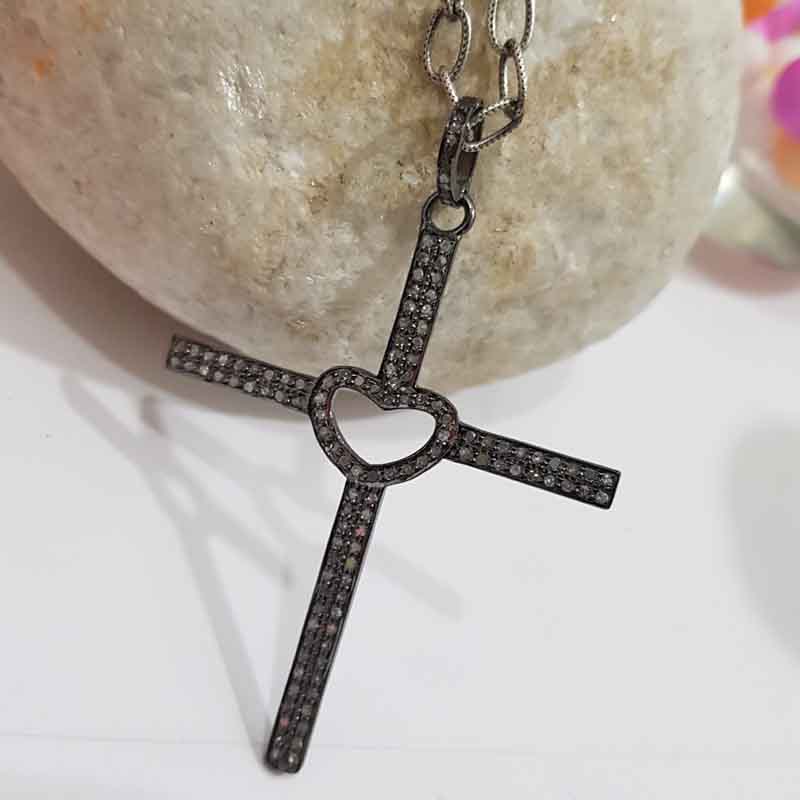 Little Open Heart Cross Designer Pave Diamond Pendent