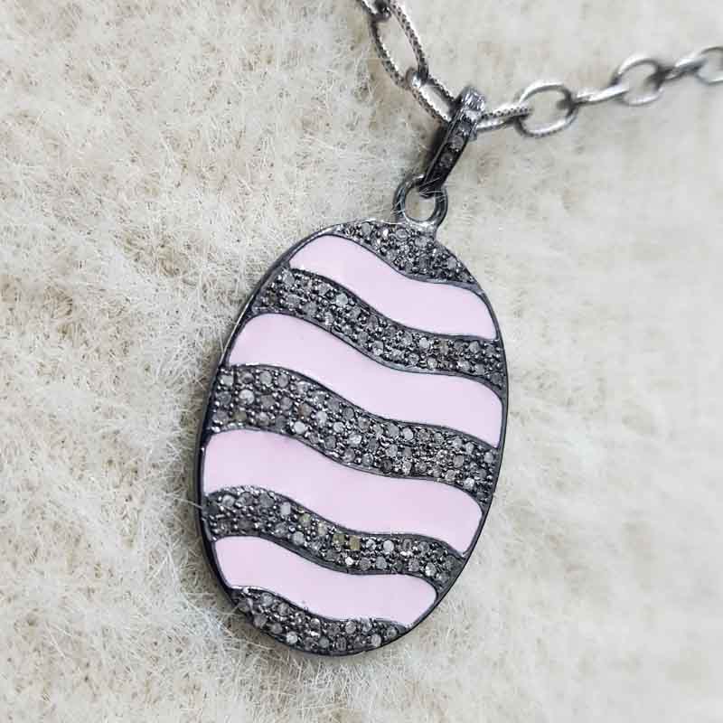 Pink Enamel Oval Shaped Pave Diamond Pendent