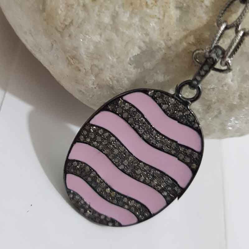 Pink Enamel Oval Shaped Pave Diamond Pendent