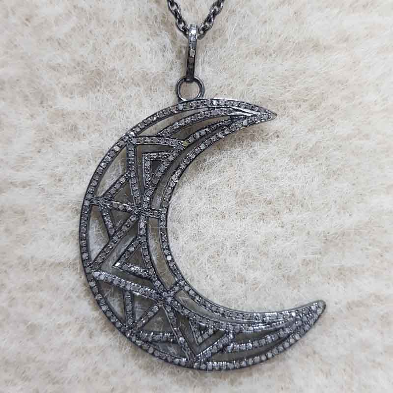 Fancy Designer Moon Pendent With Pave Diamond Layers