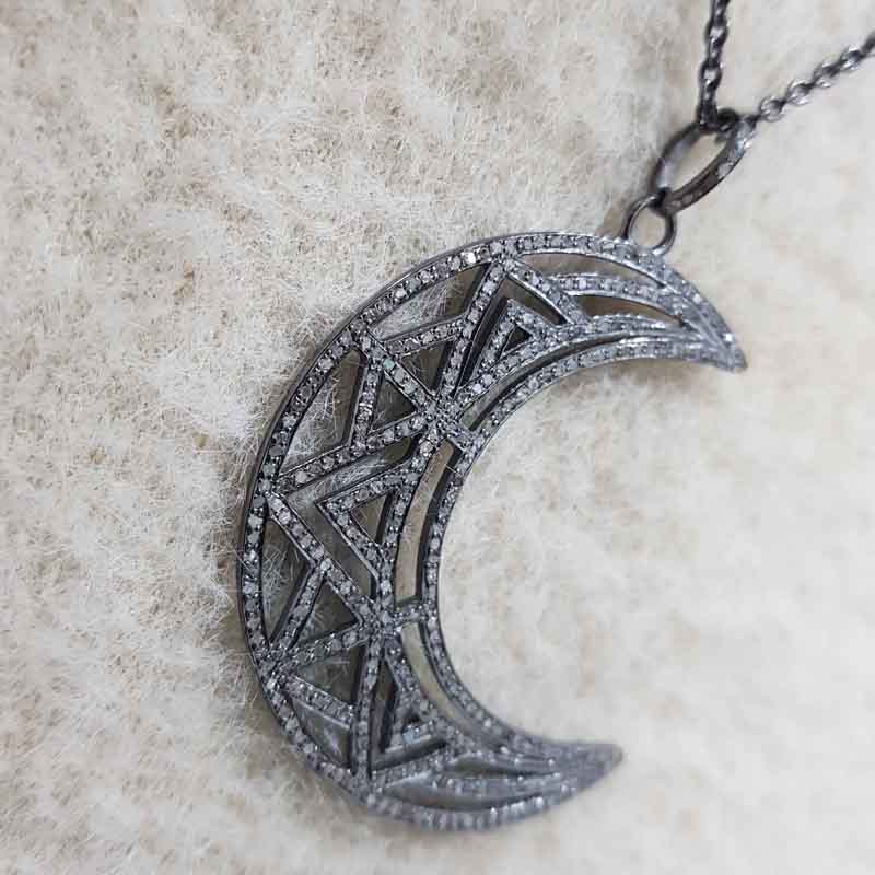 Fancy Designer Moon Pendent With Pave Diamond Layers