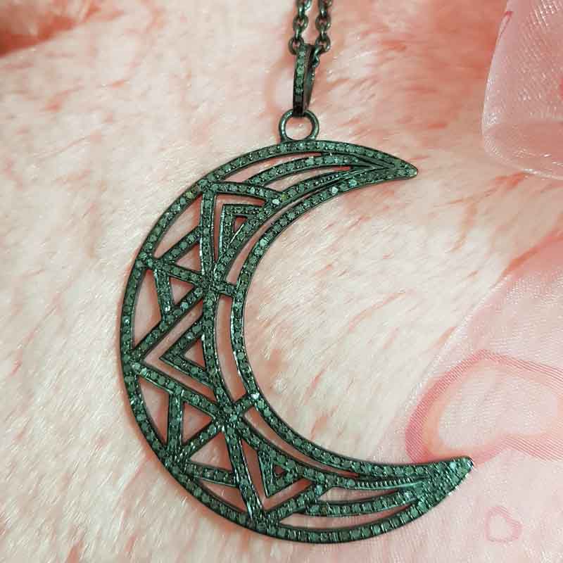 Fancy Designer Moon Pendent With Pave Diamond Layers