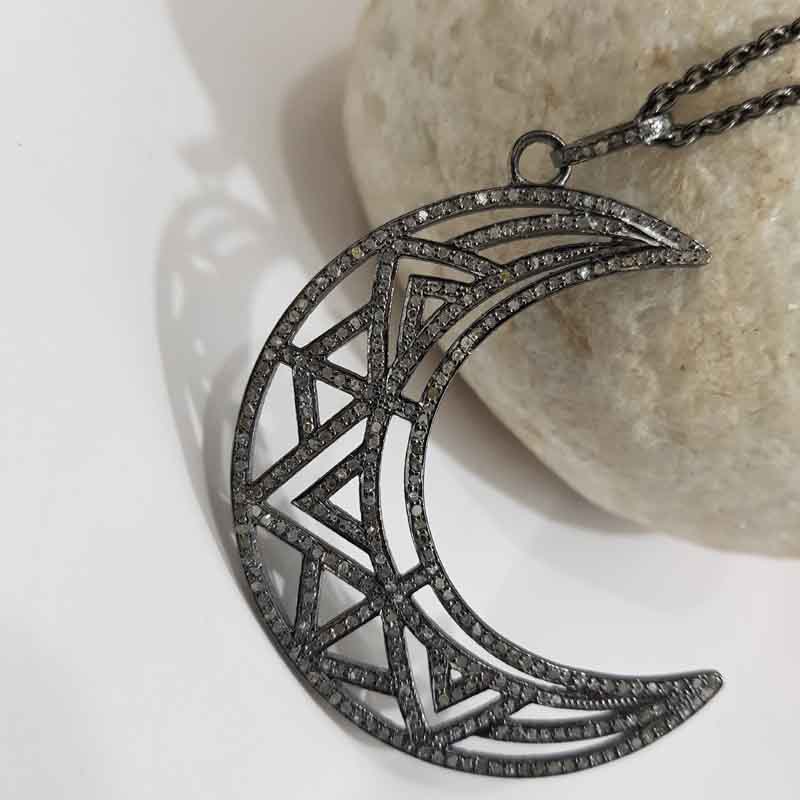 Fancy Designer Moon Pendent With Pave Diamond Layers