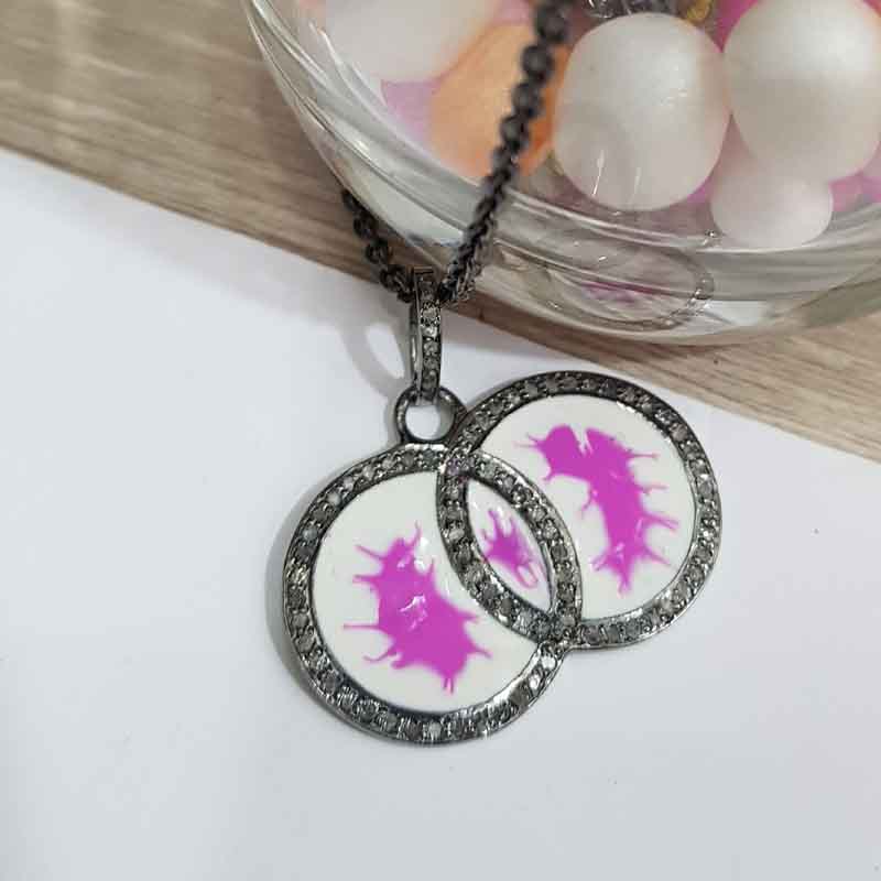 Pink Splash On White Enamel Round Fancy Style Pendent